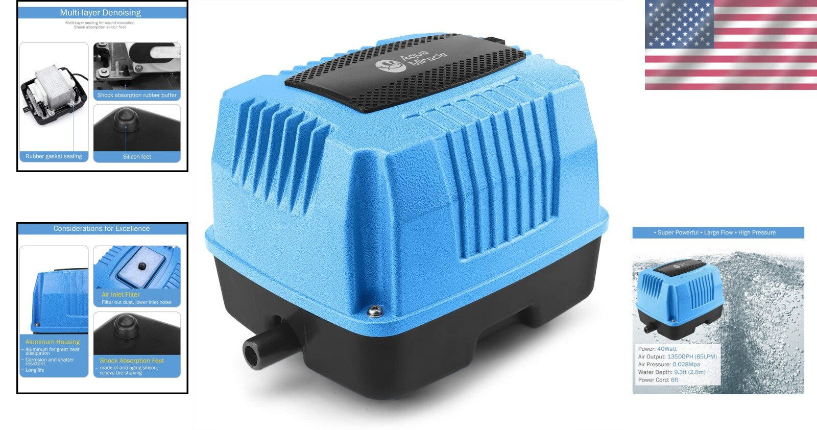 High Output Linear Air Pump for Pond Aeration & Hydroponics - 1350GPH Power