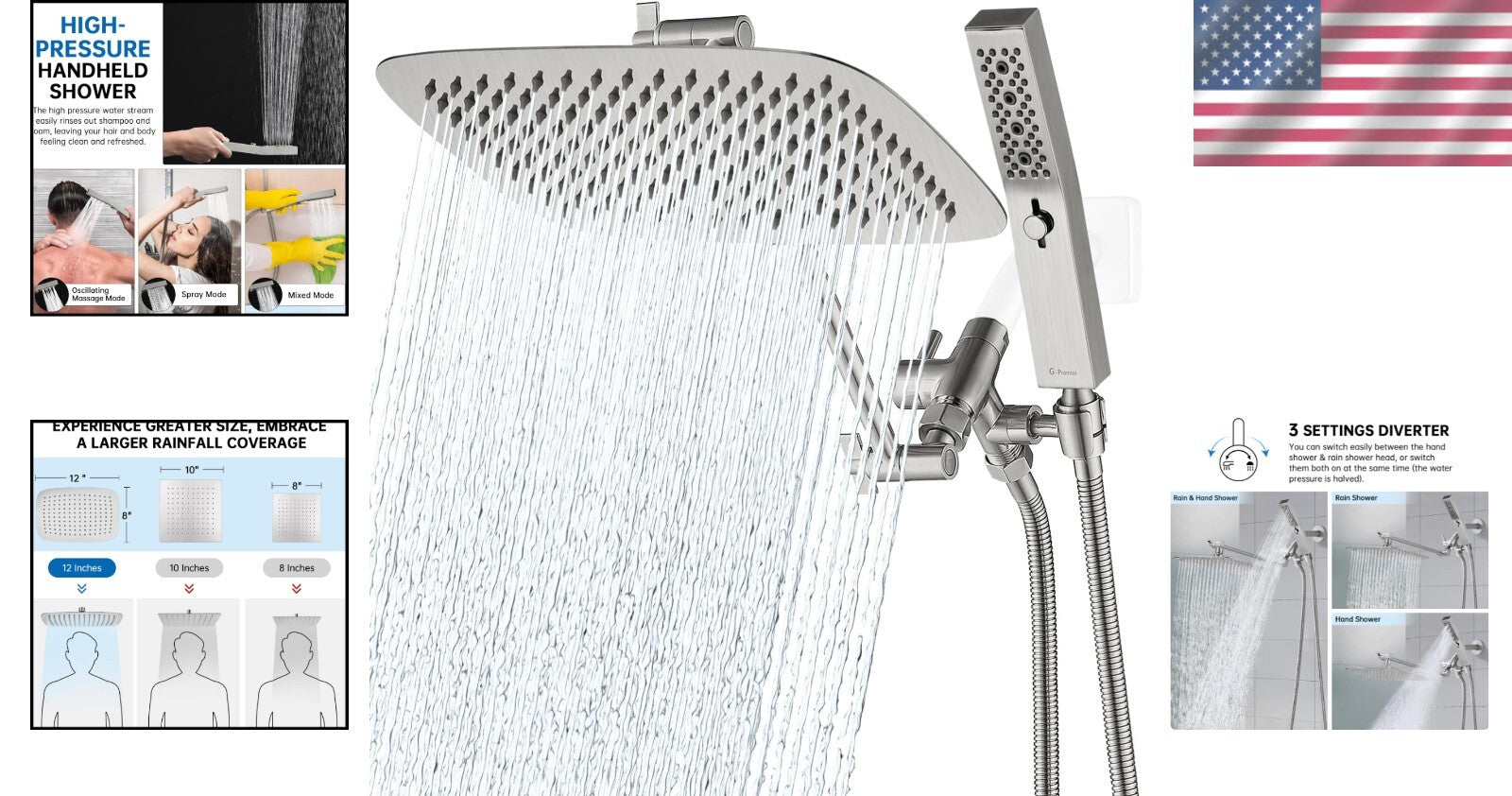 12-Inch Rainfall Shower Head with Handheld Wand & Extra Long Hose - Easy Install