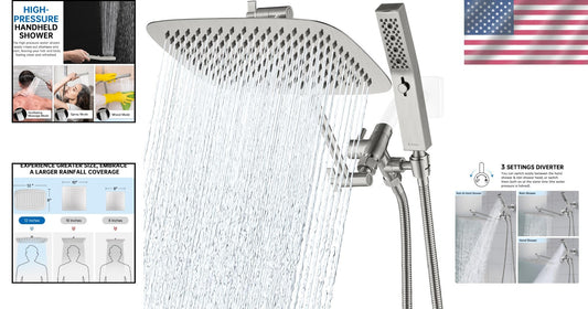 12-Inch Rainfall Shower Head with Handheld Wand & Extra Long Hose - Easy Install