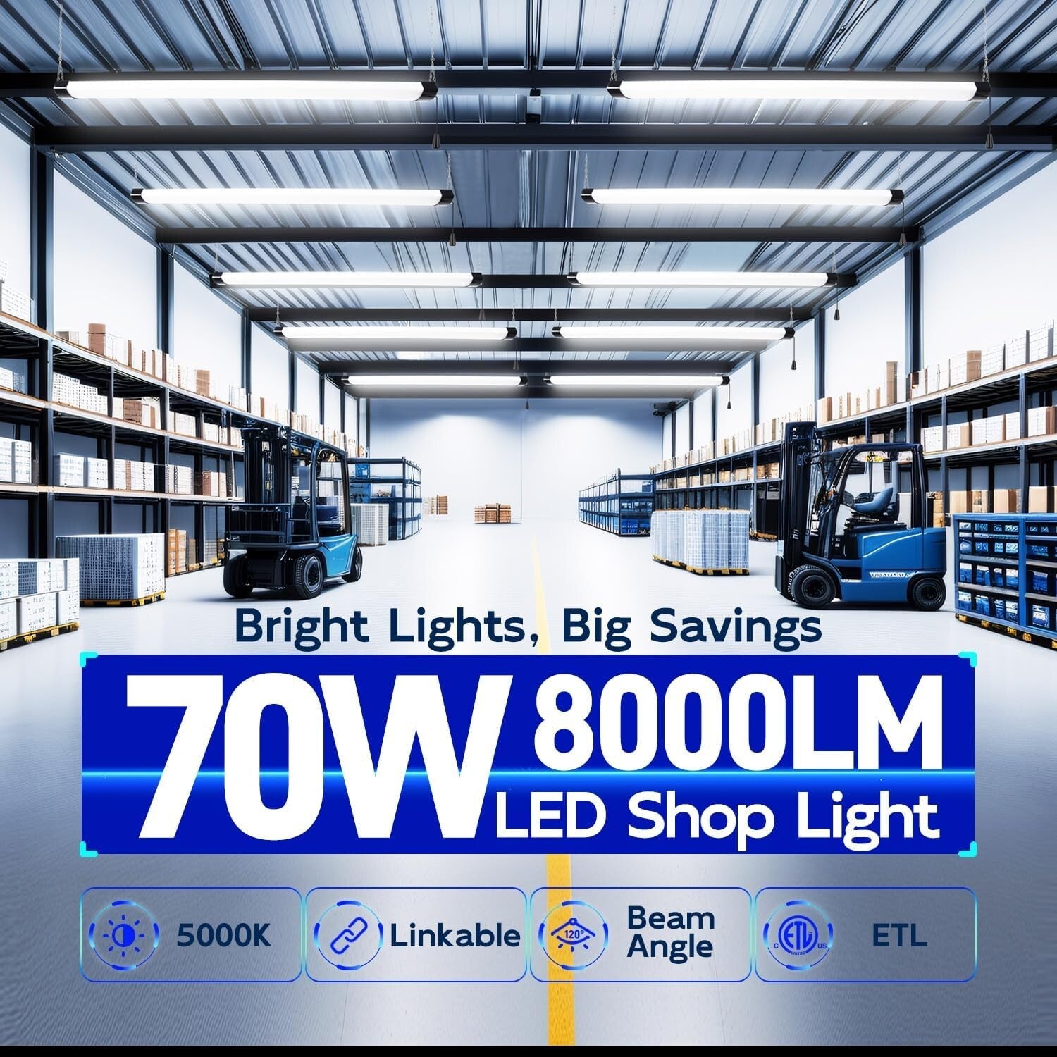 4FT Linkable LED Shop Light - 8000 Lumens, 70W Energy Efficient Garage Lighting