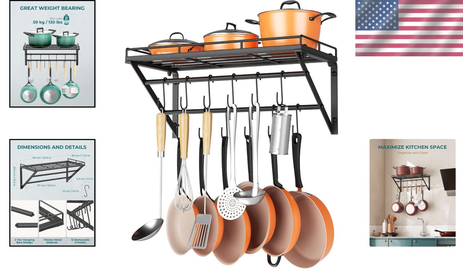 Elegant 23-Inch Hanging Pot Rack with Rust-Resistant Iron and Adjustable Hooks