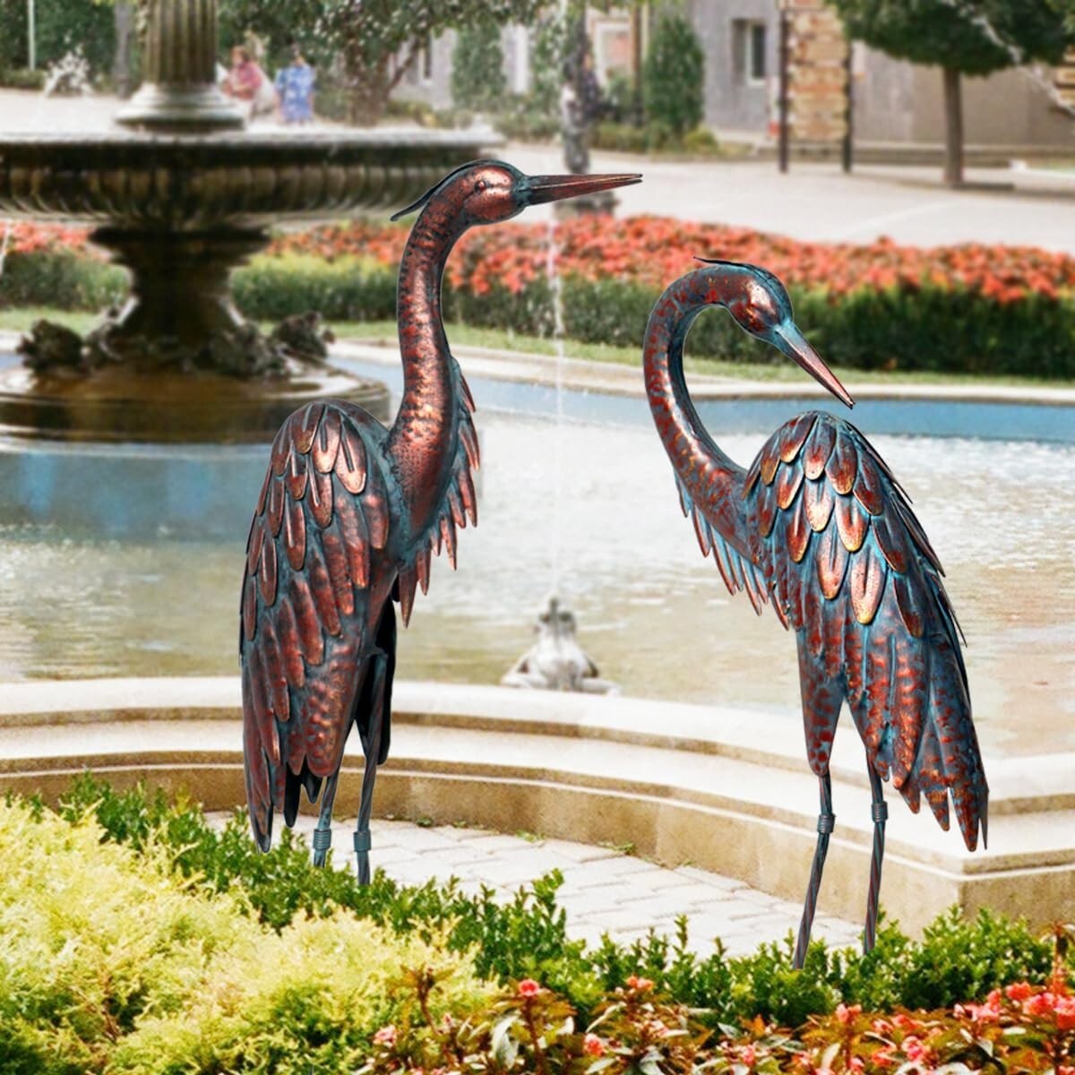 Freestanding Patina Metal Crane Statues - Majestic Garden Decor for All Seasons