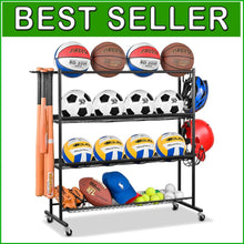 Load image into Gallery viewer, Modern 4-Tier Sports Equipment Storage Rack with Casters - Easy to Assemble