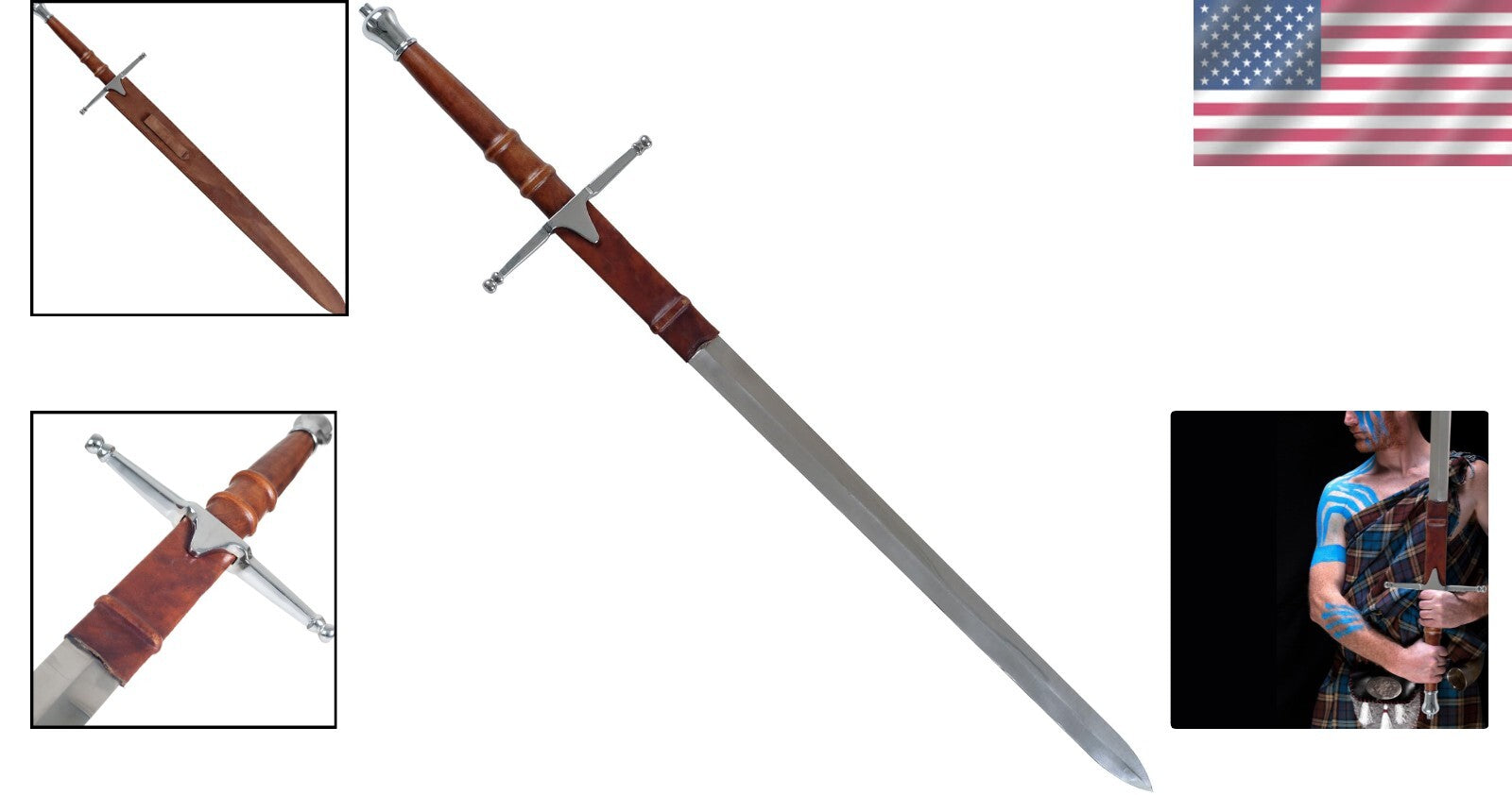Stainless Steel Braveheart Sword with Leather Sheath - Perfect for Cosplay