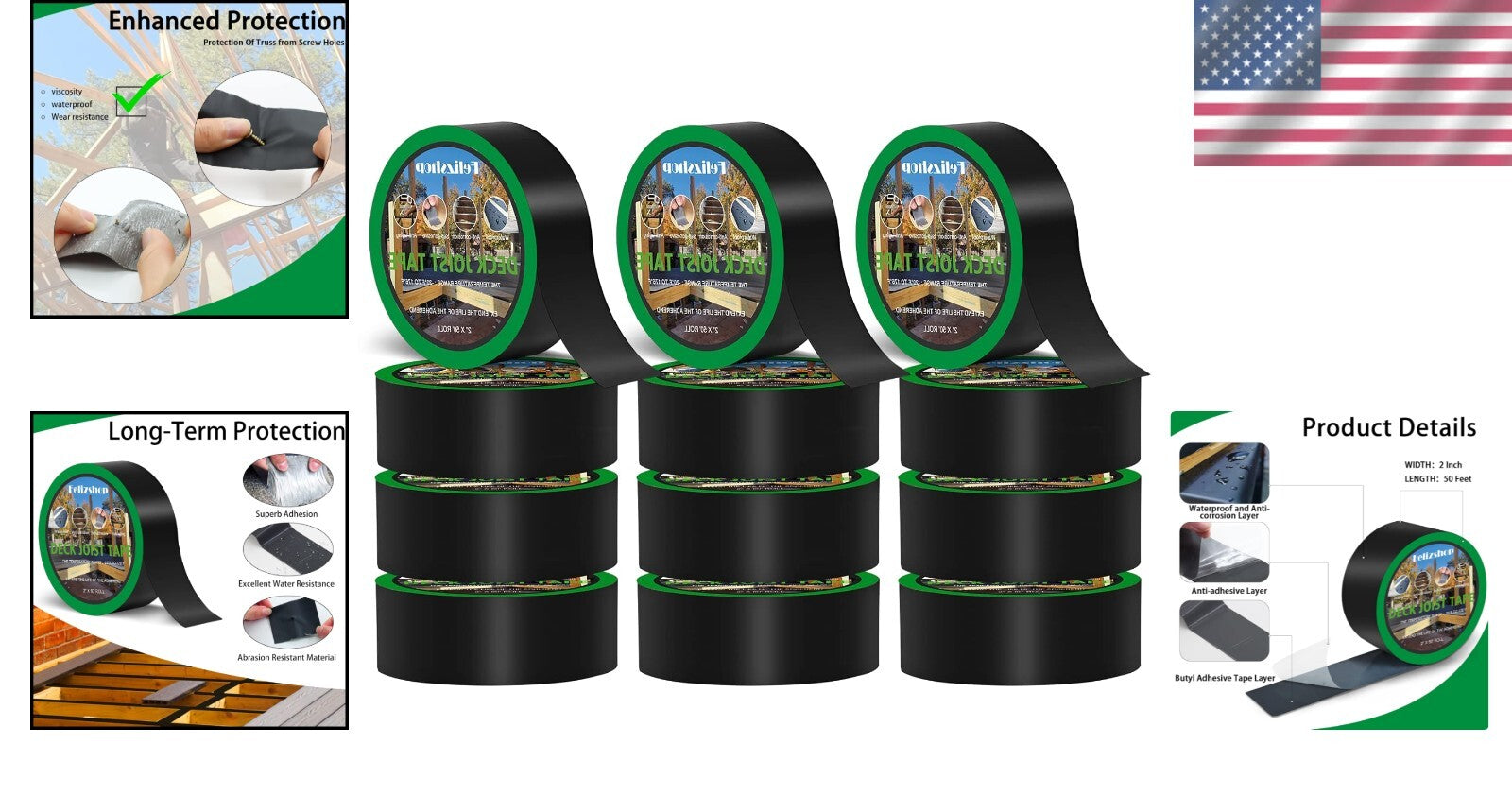 12 Rolls Butyl Deck Joist Tape - Waterproof Self-Adhesive Weather Protection