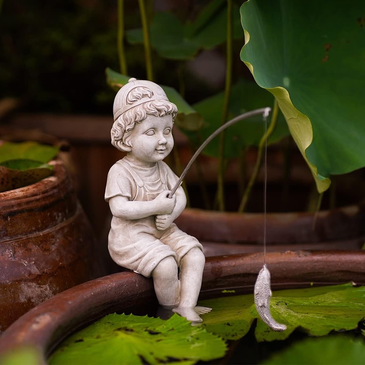 11-Inch Handcrafted Fisherboy Statue with Glow Pebbles - Perfect Garden Decor