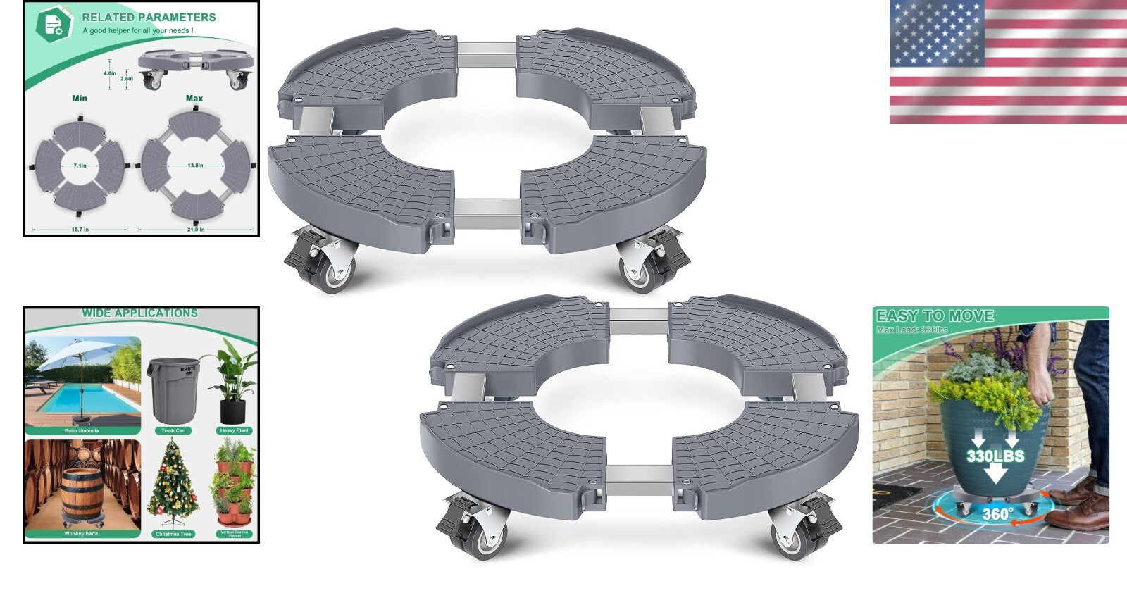 Adjustable 15-21 Inch Rolling Plant Caddy with Wheels - 2 Pack for Easy Moving