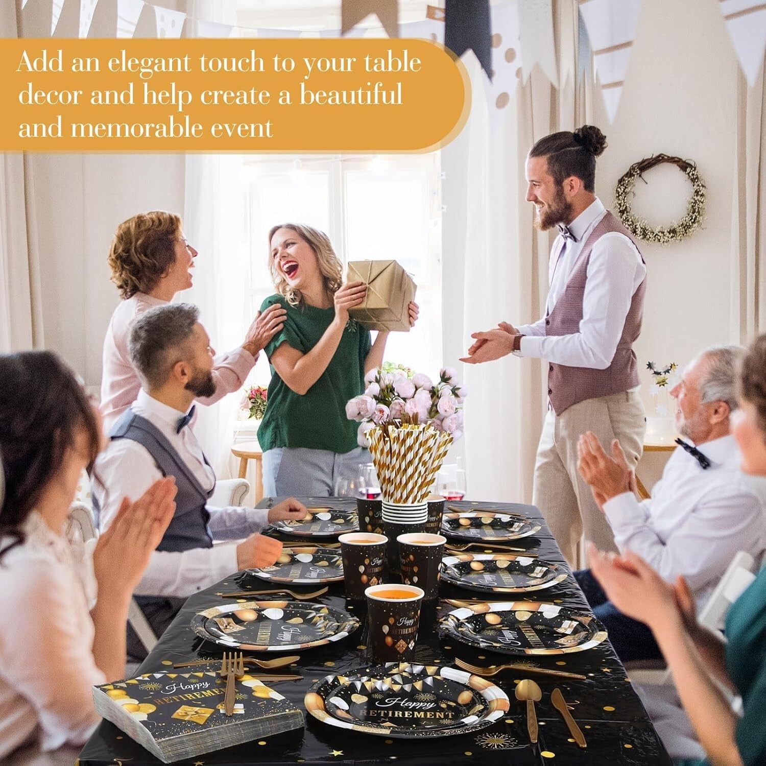 Complete 452-Pc Retirement Party Decoration Set: Elegant Black Gold Tableware