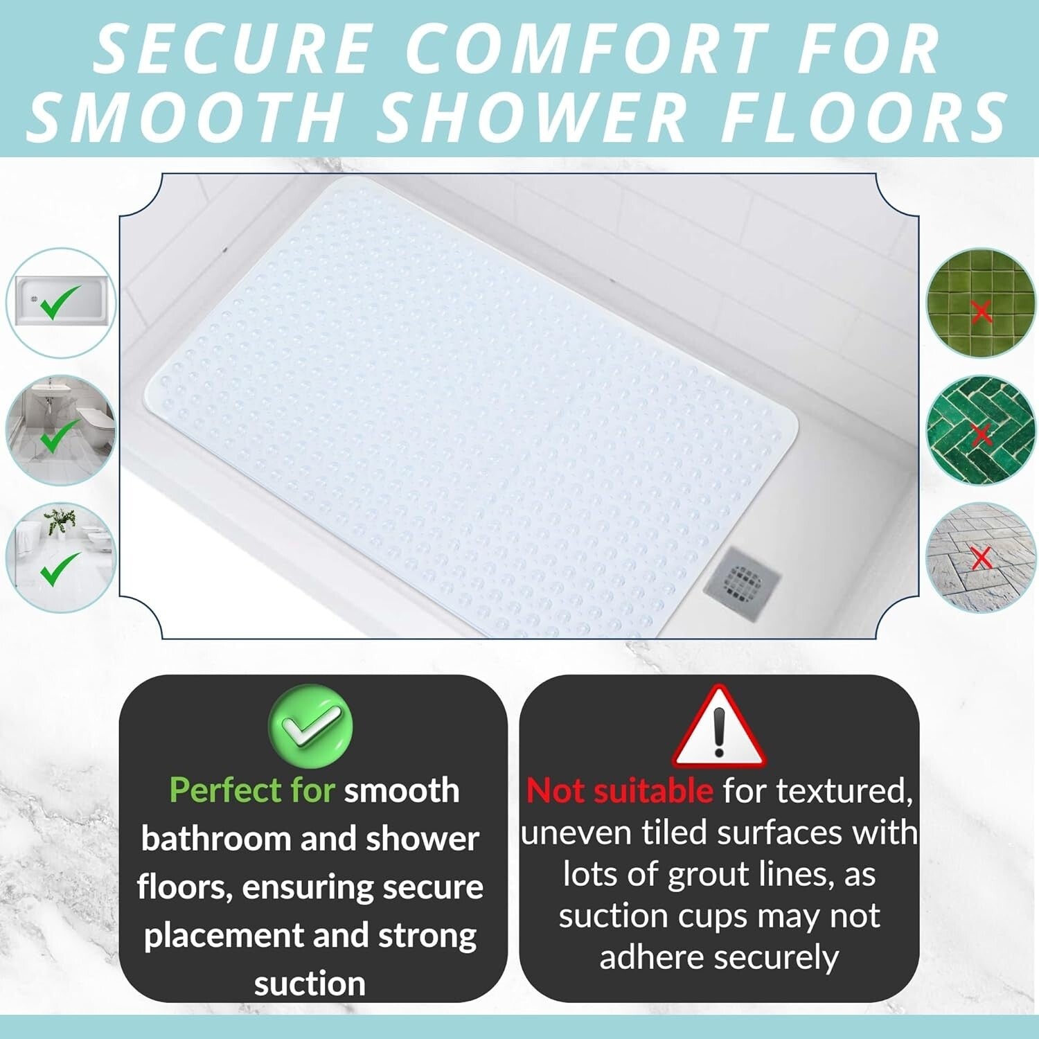 Clear XL Shower Mat with Secure Suction Cups - 47x32 Inch Safety Essential