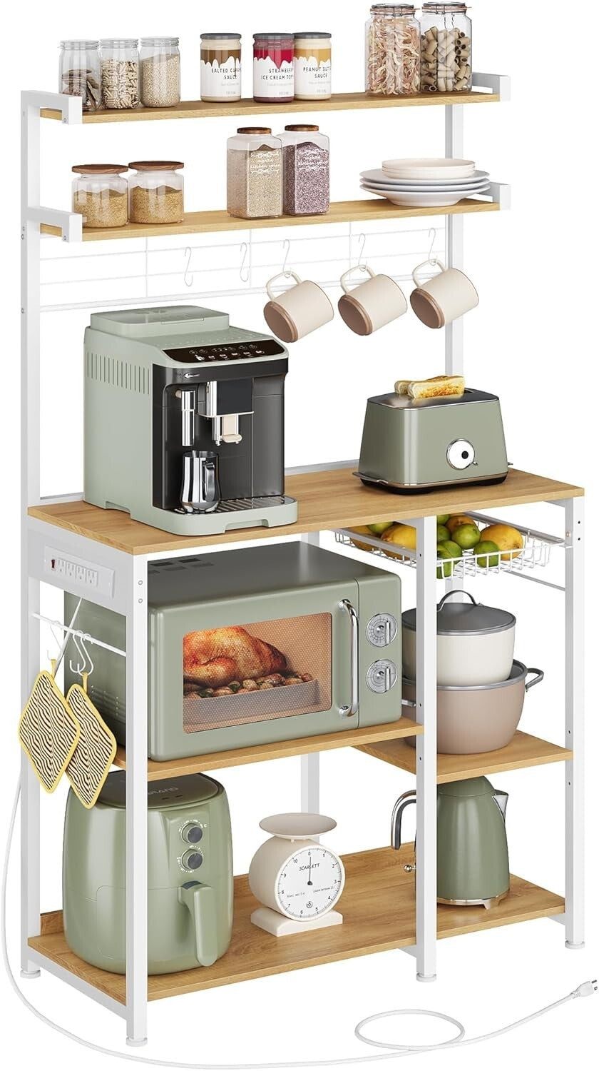 35.4 Inch Microwave Stand with 4 AC Outlets - Sturdy Kitchen Organizer in Oak