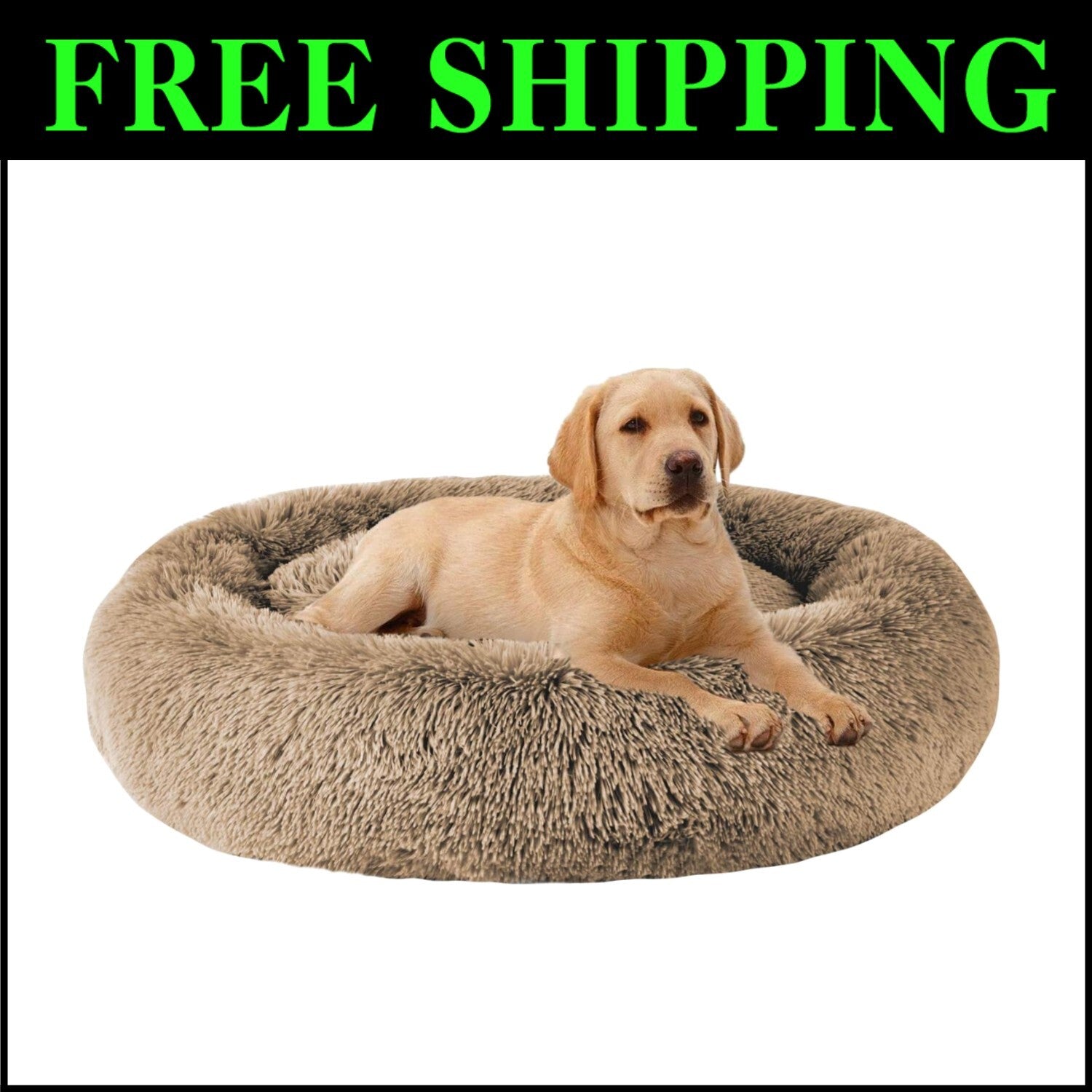 Calming Faux Fur Dog Bed (L/XL/XXL/XXXL) for Medium & Large Dogs - 32x24x8