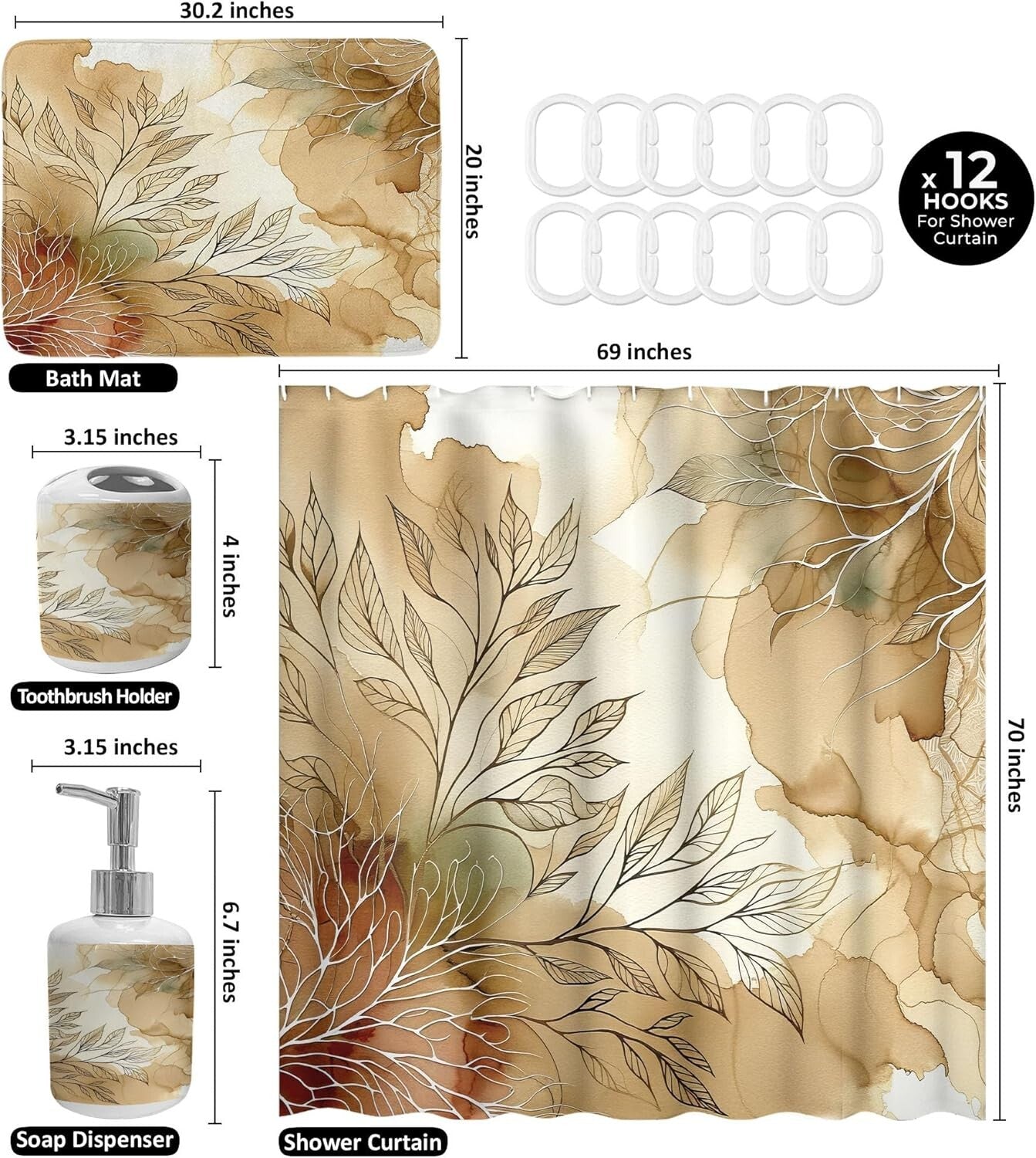 Elegant 4-Piece Bathroom Decor Set with Shower Curtain, Bath Mat, Soap Dispenser