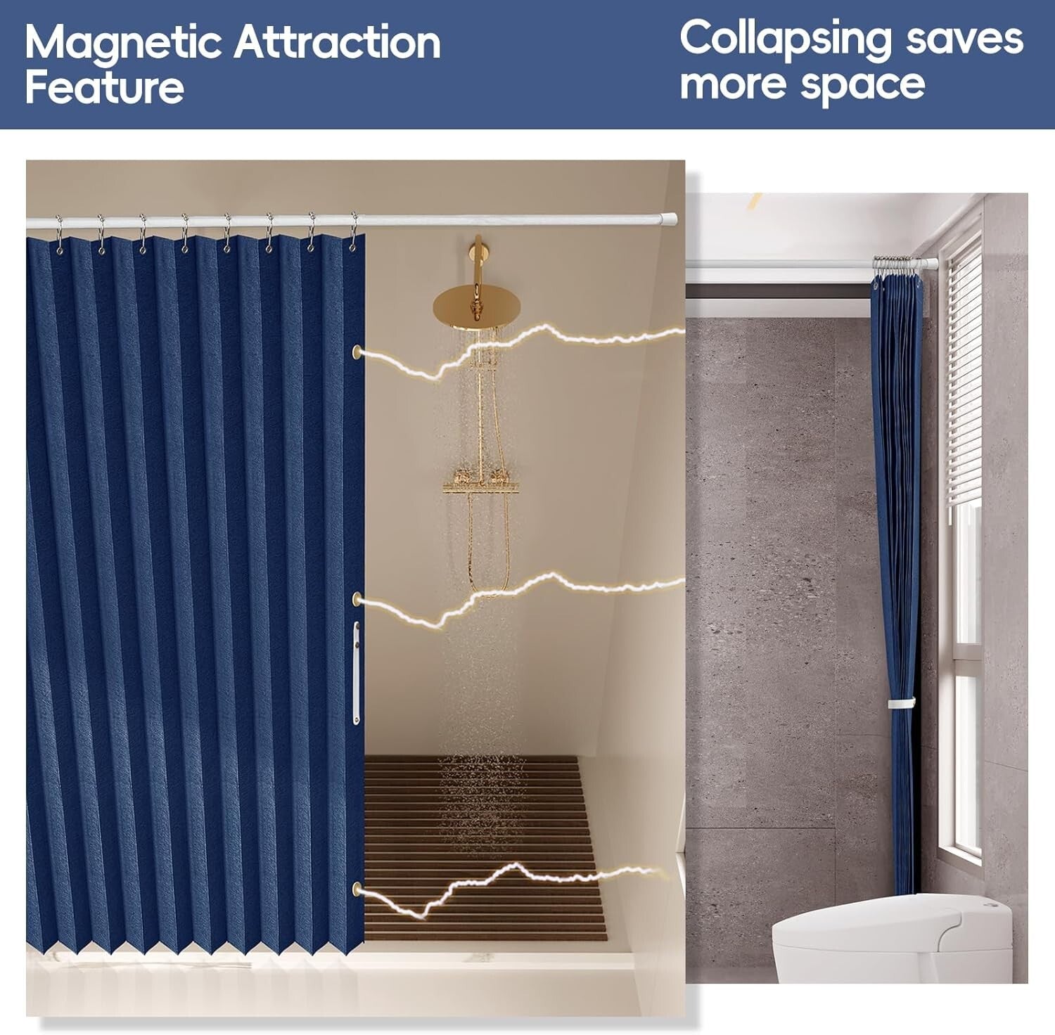 Waterproof Accordion Shower Curtain - Space-Saving Magnetic 1 Panel, Dark Blue