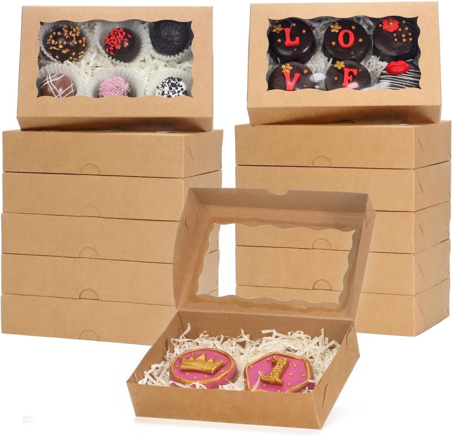 Chocolate & Macaron Bakery Boxes - 100 Pack Stylish with Clear Viewing Window