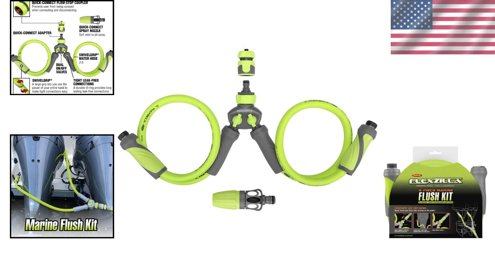 Convenient 6-Piece Outboard Motor Flush Kit with SwivelGrip Hoses - ZillaGreen