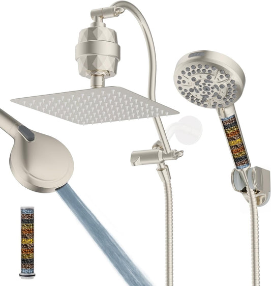 Filtered 10'' Brushed Nickel Rainfall Shower Head Combo with 12'' Extension Arm