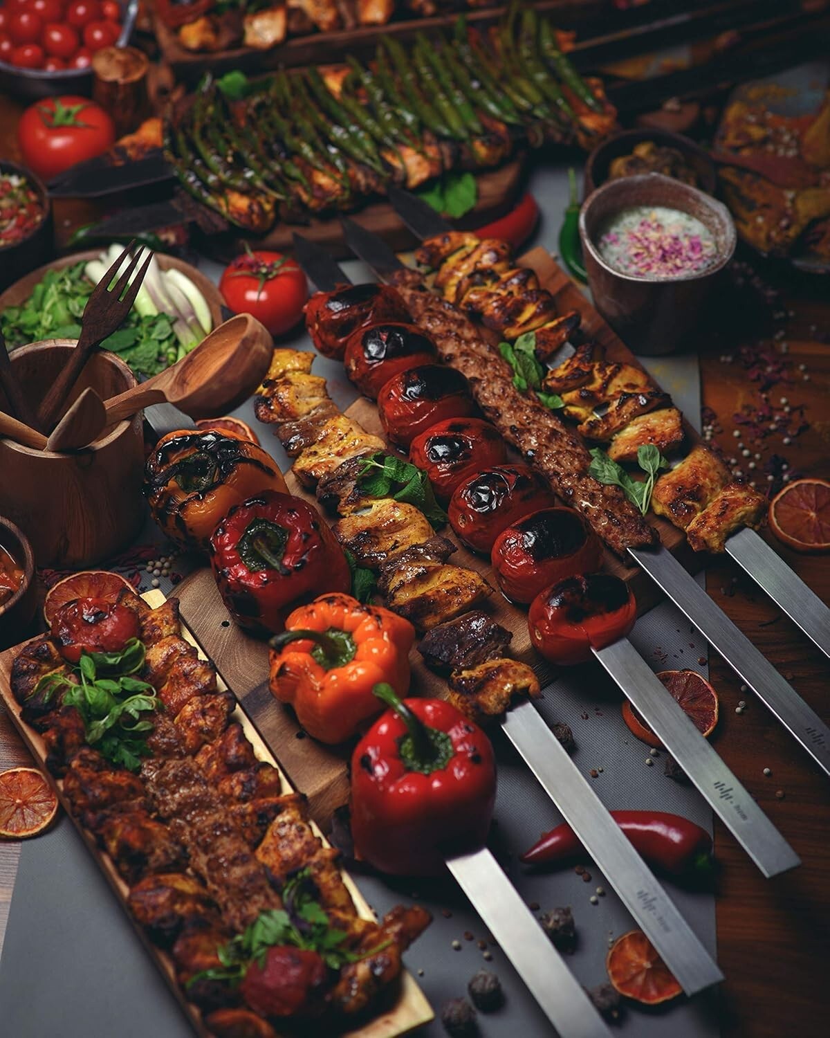 8 Elegant Flat Skewers - 23.5" Long, No-Wood Handles - Perfect for Koobideh