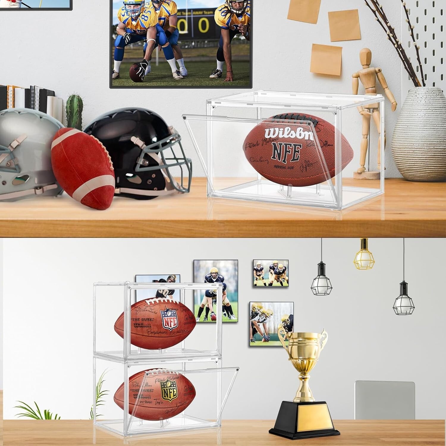 Full Size Football Display Cases - Clear Acrylic with Easy Access Magnetic Door