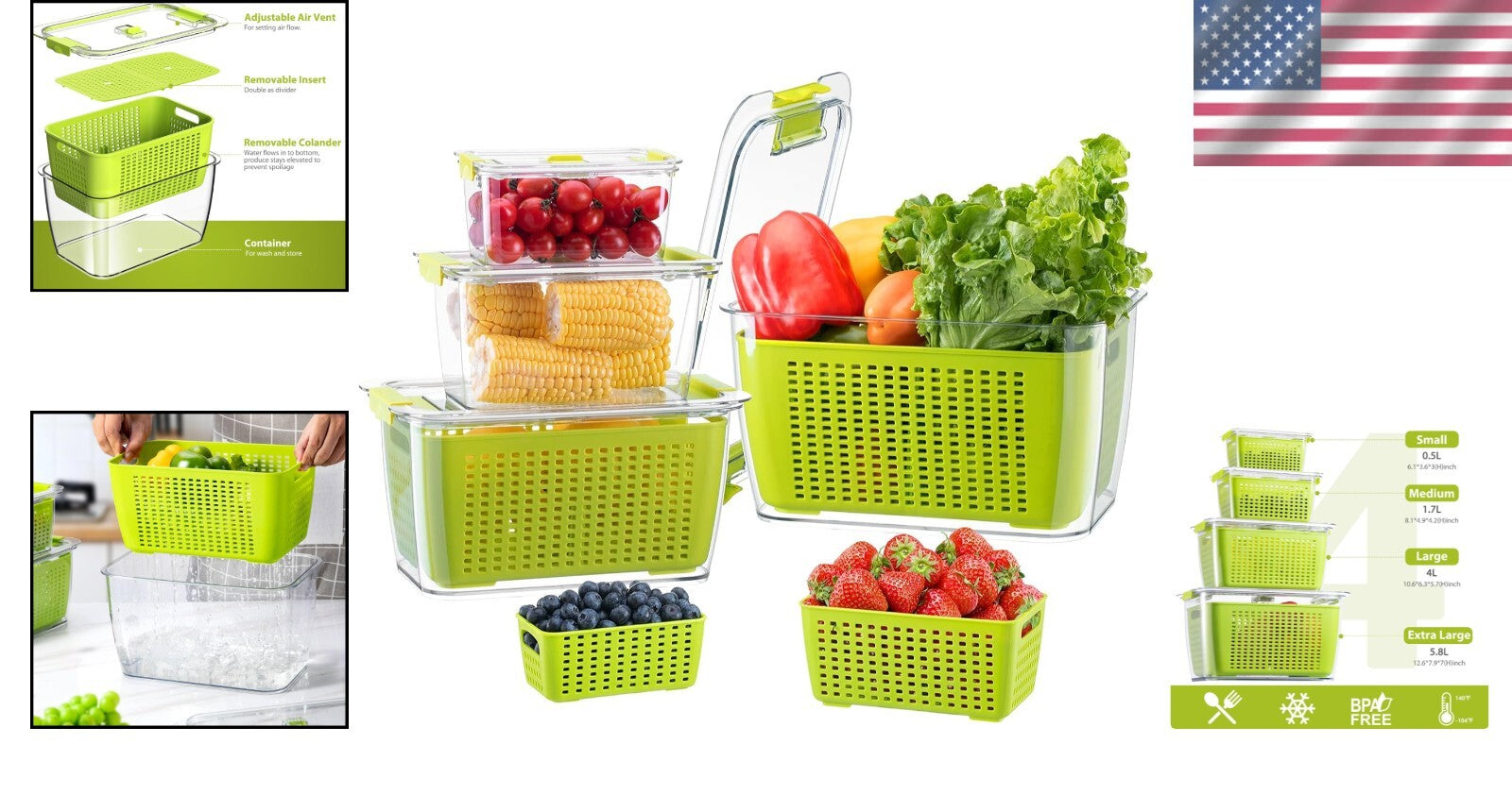 Keep Fruits and Vegetables Fresh - 4 Large BPA-Free Storage Containers with Lids