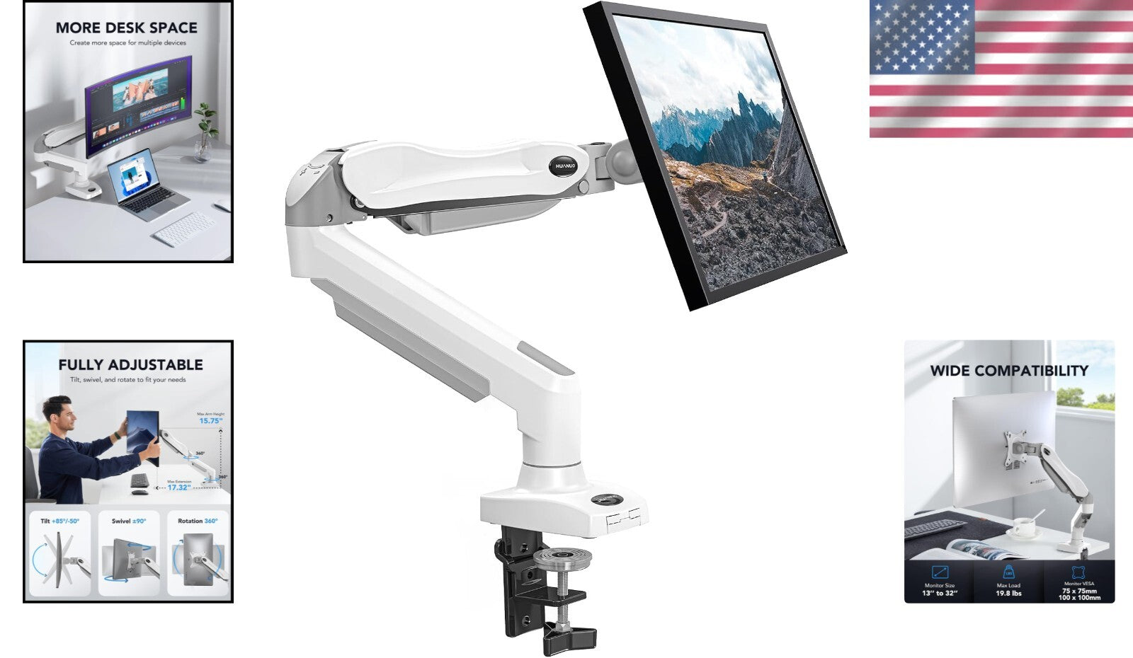 Adjustable VESA Monitor Arm, For 13-32 Inch Monitors - Sturdy Gas Spring Design