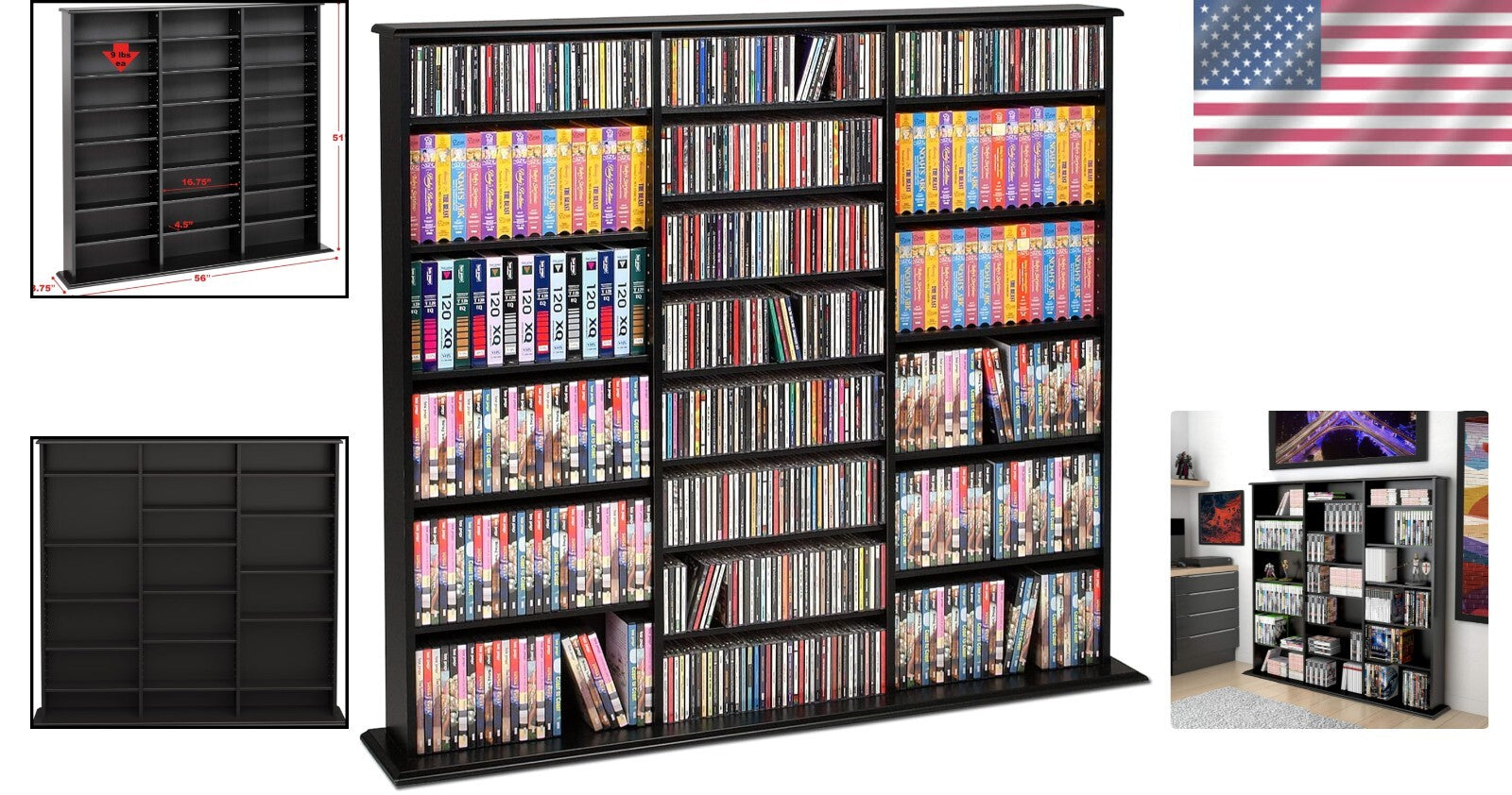 Library Style Triple Width Storage Cabinet - Adjustable Media Organizer in Black