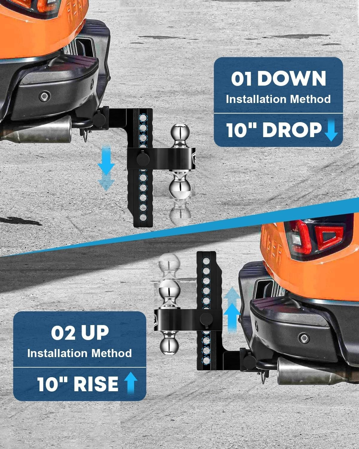 Aluminum Tow Hitch with 10" Adjustable Drop/Rise & Silencer Pads Included