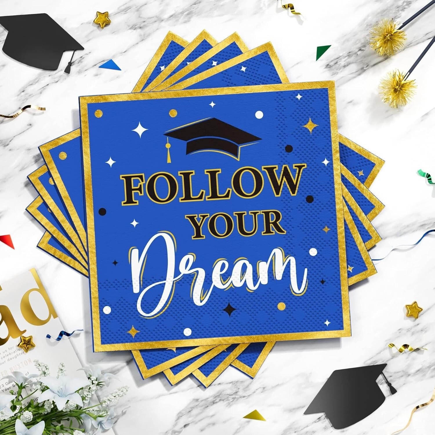 Disposable 350PCS Graduation Decorations - Blue & Gold Dinnerware for 50 Guests