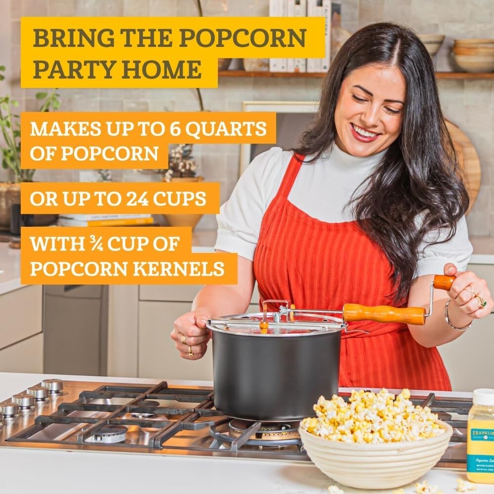 Authentic 6-Quart Stovetop Popcorn Maker with FREE Organic Kit for Movie Nights