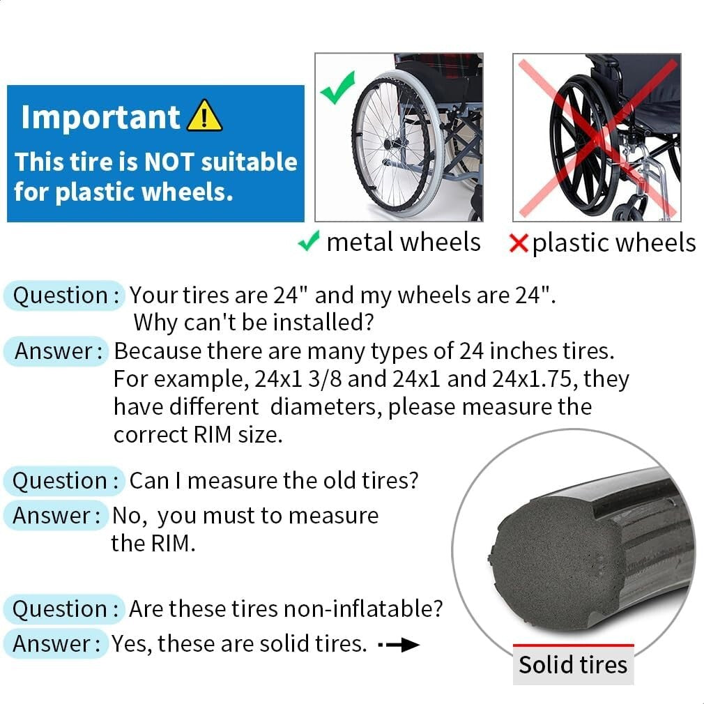 Puncture-Proof 24x1 3/8” Wheelchair Tires - Lightweight Solid Pair for Easy Use