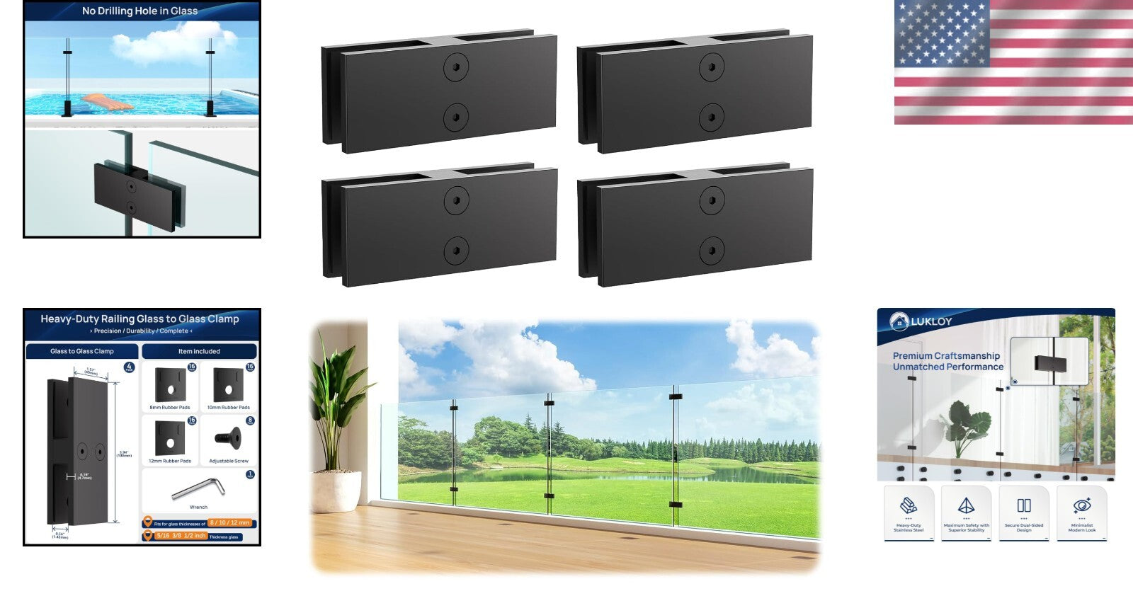 Black Stainless Steel 304 Glass Clamp - Durable Railing Bracket for 8-12mm Glass