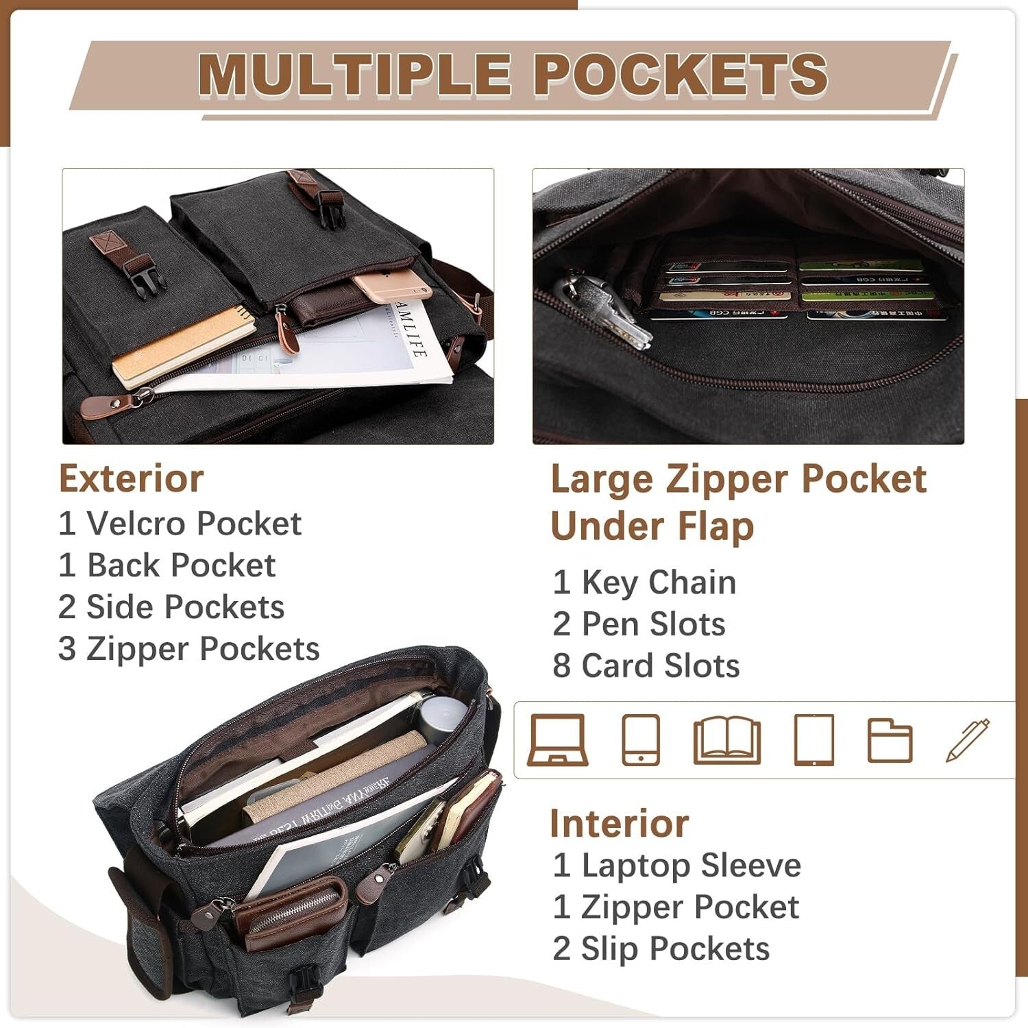 Elegant Cotton Canvas Messenger Bag with 14 Pockets - Ideal for Work & Travel