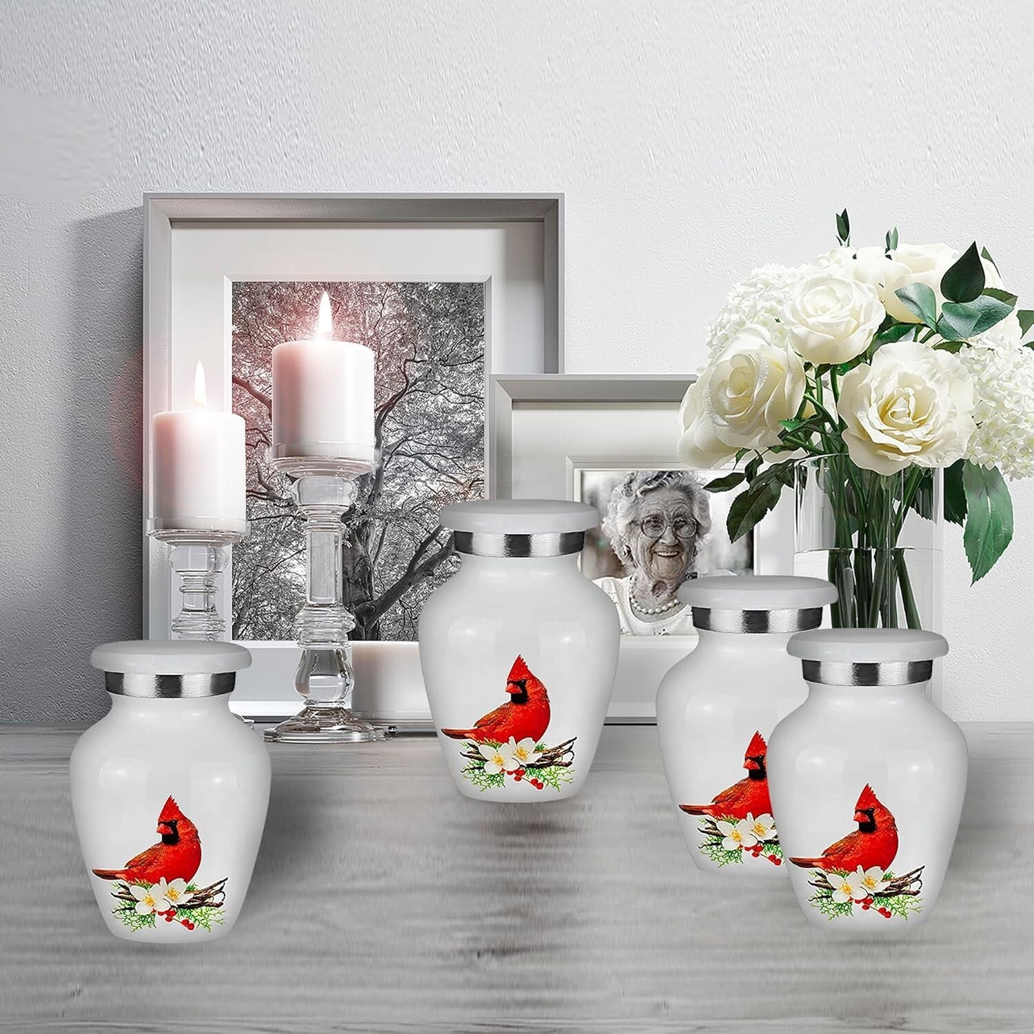 Set of 4 Mini Cremation Urns with Stunning Red Cardinal Design for Keepsakes