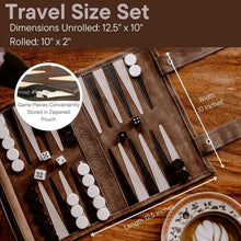 Load image into Gallery viewer, Genuine Leather Travel Backgammon - Compact Roll-Up Game for RVs, Airplanes