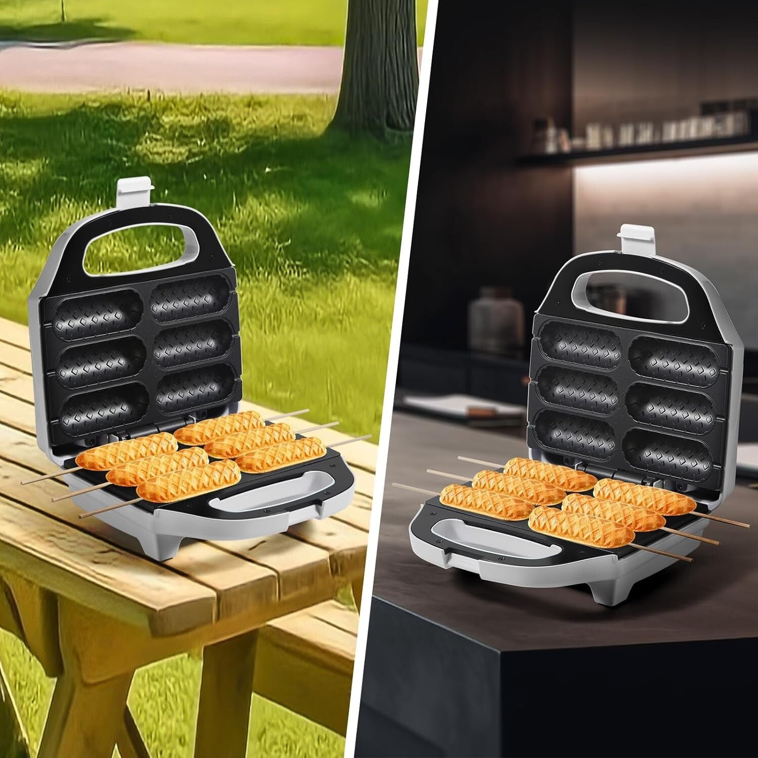 Non-Stick Hot Dog Waffle Machine with Temperature Control - White Design