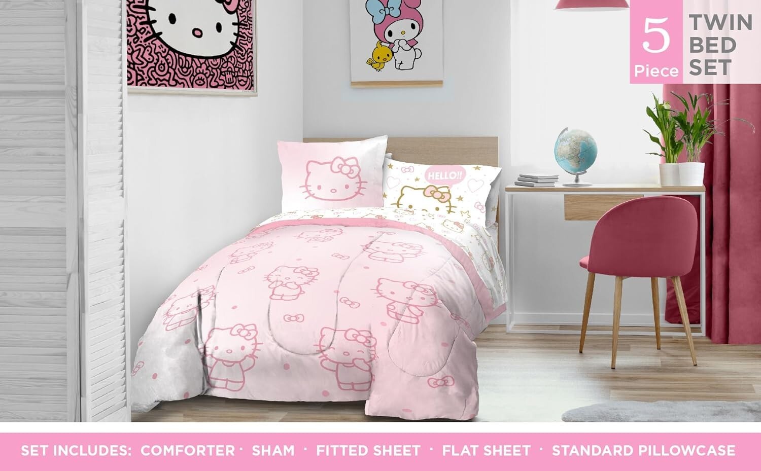 5-Piece Hello Kitty Twin Comforter Set with Sheets & Pillow Covers - Cozy Fun!