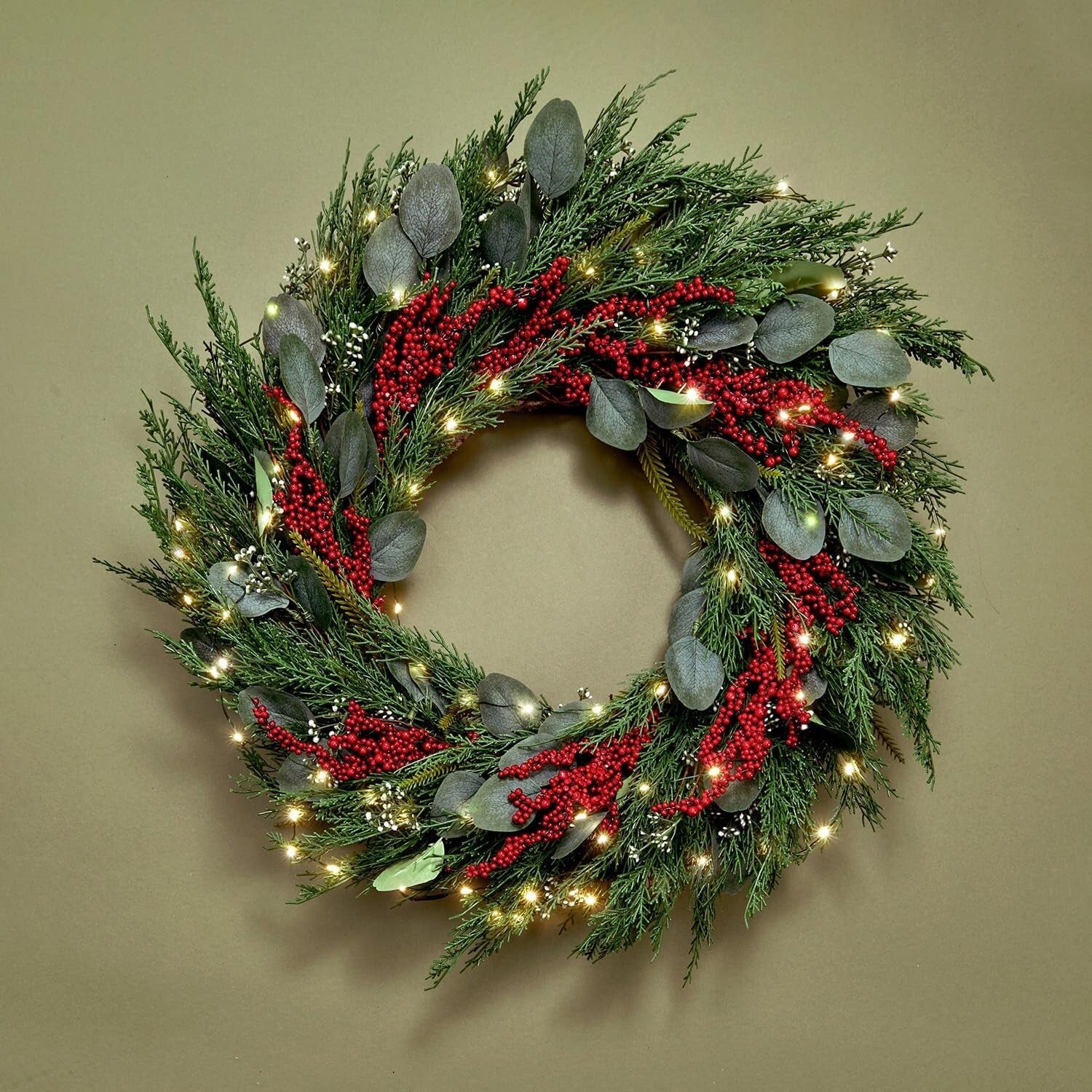 Battery-Powered 24 Inch Winter Wreath with Red Berries & Timer - Farmhouse Style