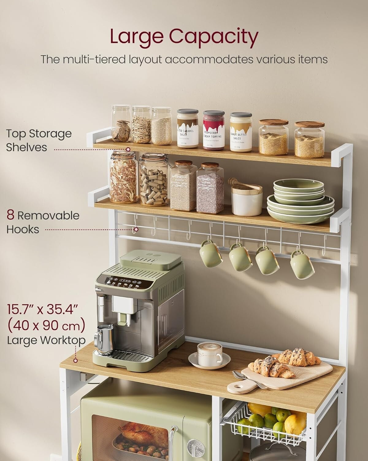35.4 Inch Microwave Stand with 4 AC Outlets - Sturdy Kitchen Organizer in Oak
