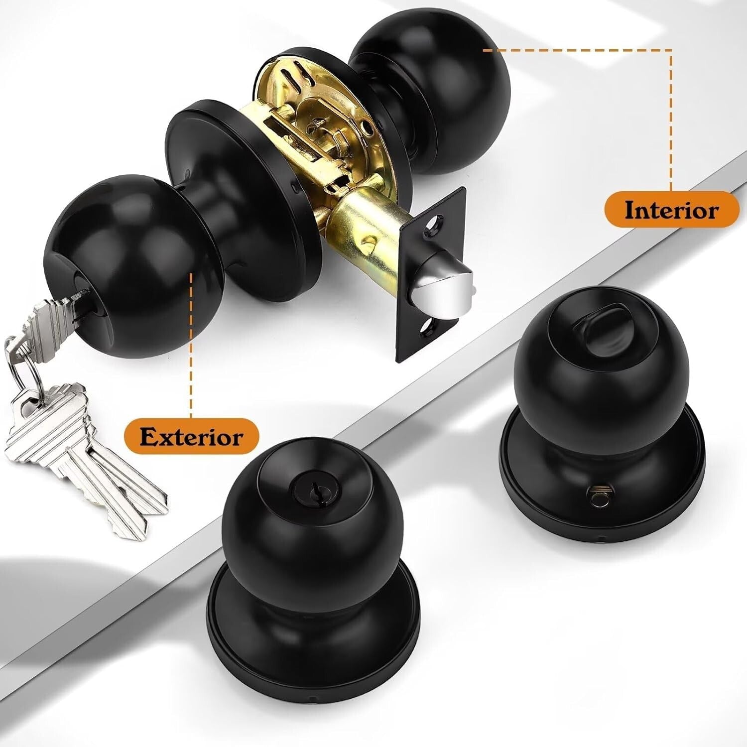 Flat Black Keyed Alike Round Door Knobs – 4 Pack Stainless Steel Security