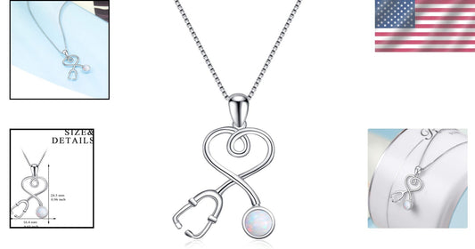 Hypoallergenic Medical Jewelry: Stethoscope Necklace with Opal Birthstone Charm