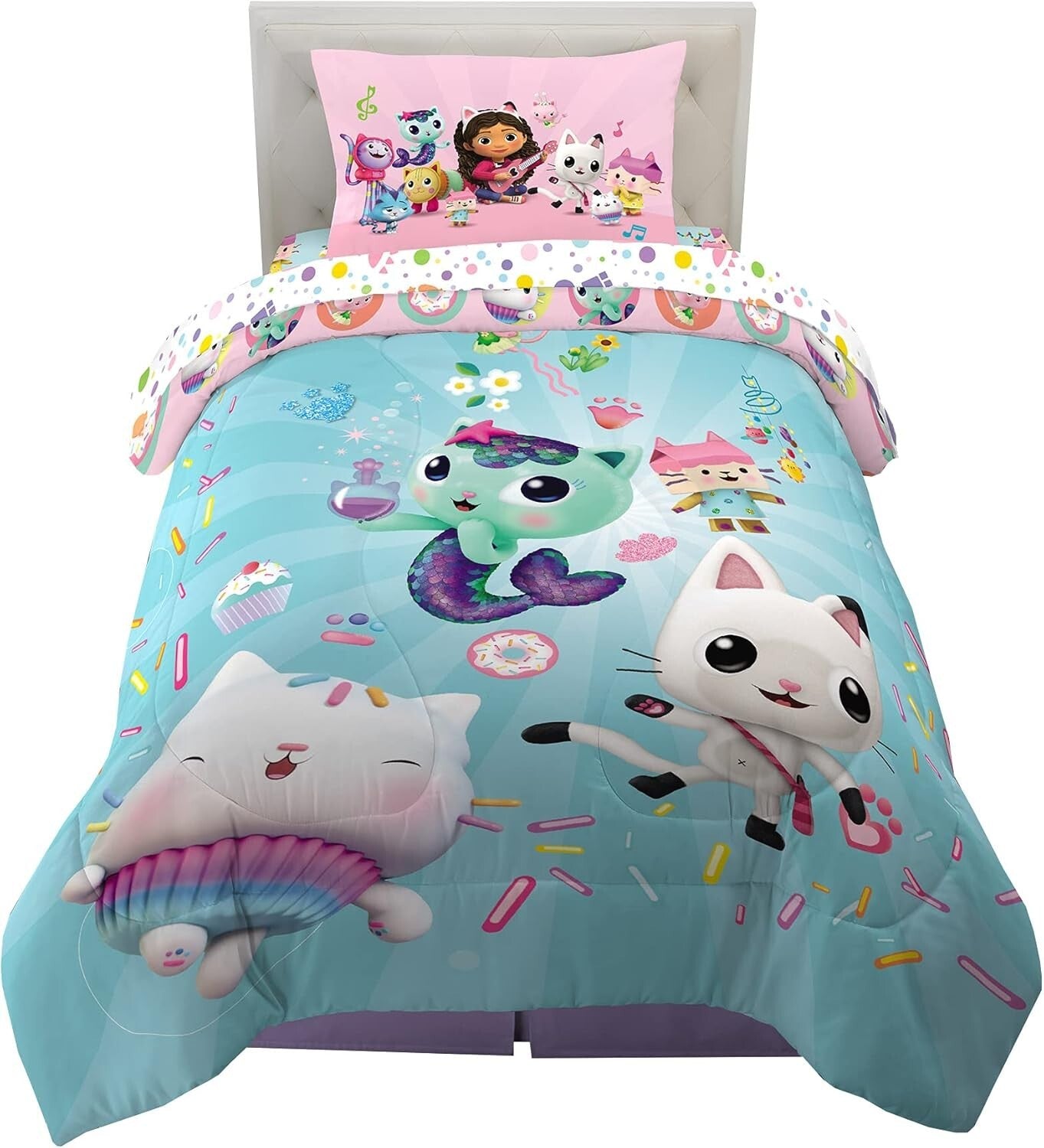 Gabby's Dollhouse Cakey & MerCat Twin Bedding Set - 4 Piece Super Soft Comforter
