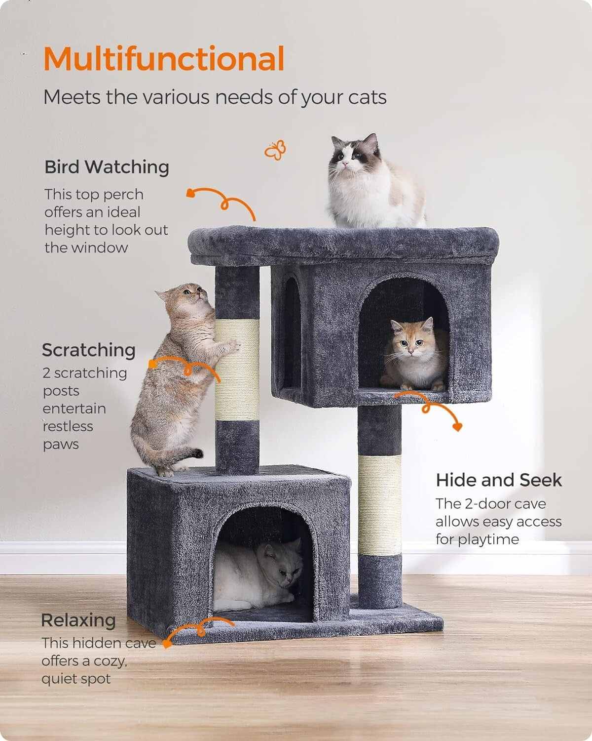 Smoky Gray 39.8" Cat Tower with Large Perch and Two Cat Caves - Stable & Durable