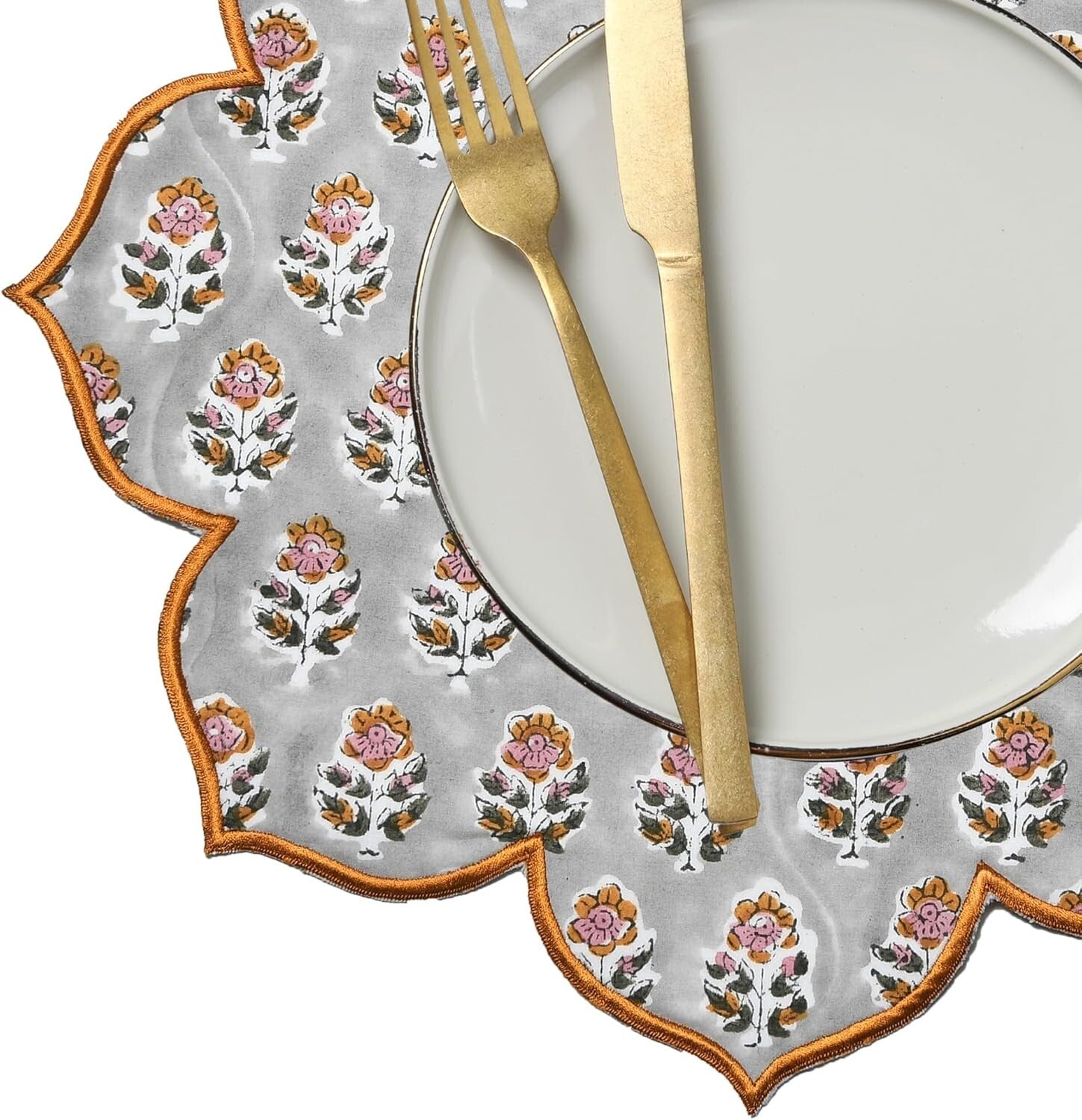 Set of 4 Cotton Block Printed Flower Placemats - Versatile Round Table Mats