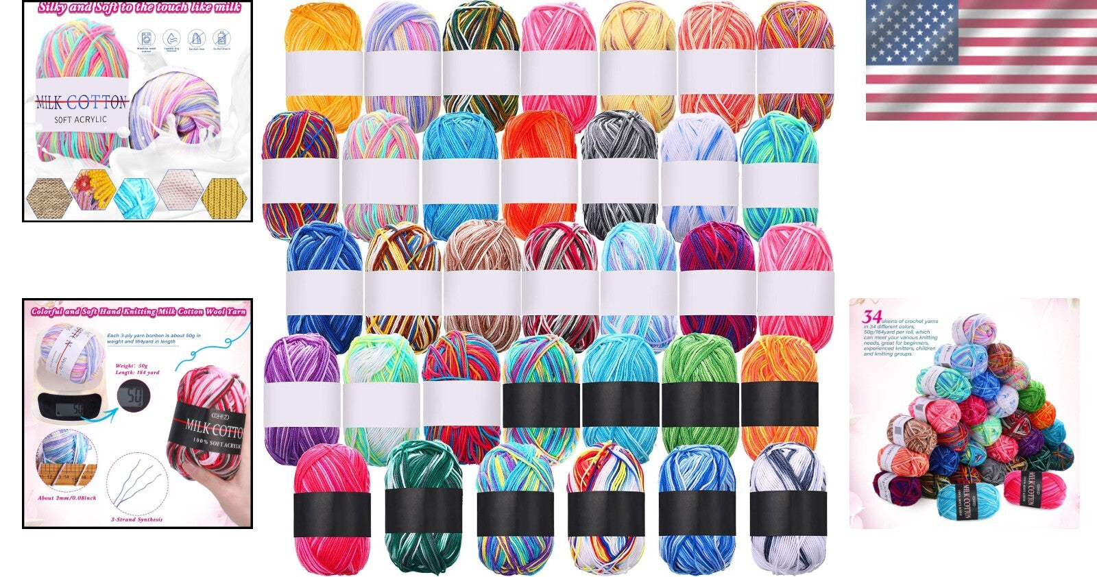 Vibrant 34 Color Milk Cotton Yarn Bundle - Perfect for Custom Crochet Projects