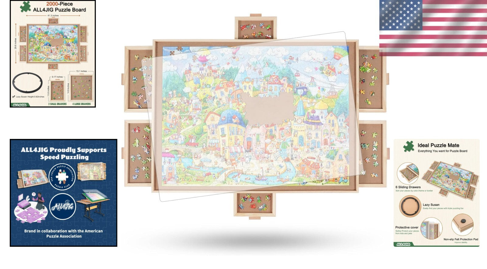 2000-Piece Rotating Wooden Puzzle Board with 6 Drawers & Lazy Susan - Portable