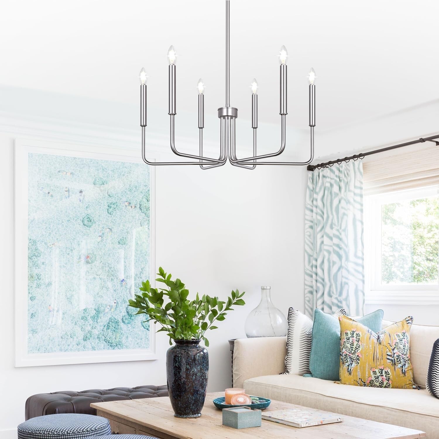 Adjustable Height 6-Light Brushed Nickel Chandelier - Modern Farmhouse Style