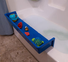 Load image into Gallery viewer, Bathtub Splash Guard Play Shelf - Fun Toy Tray with 10 Suction Cups in Blue