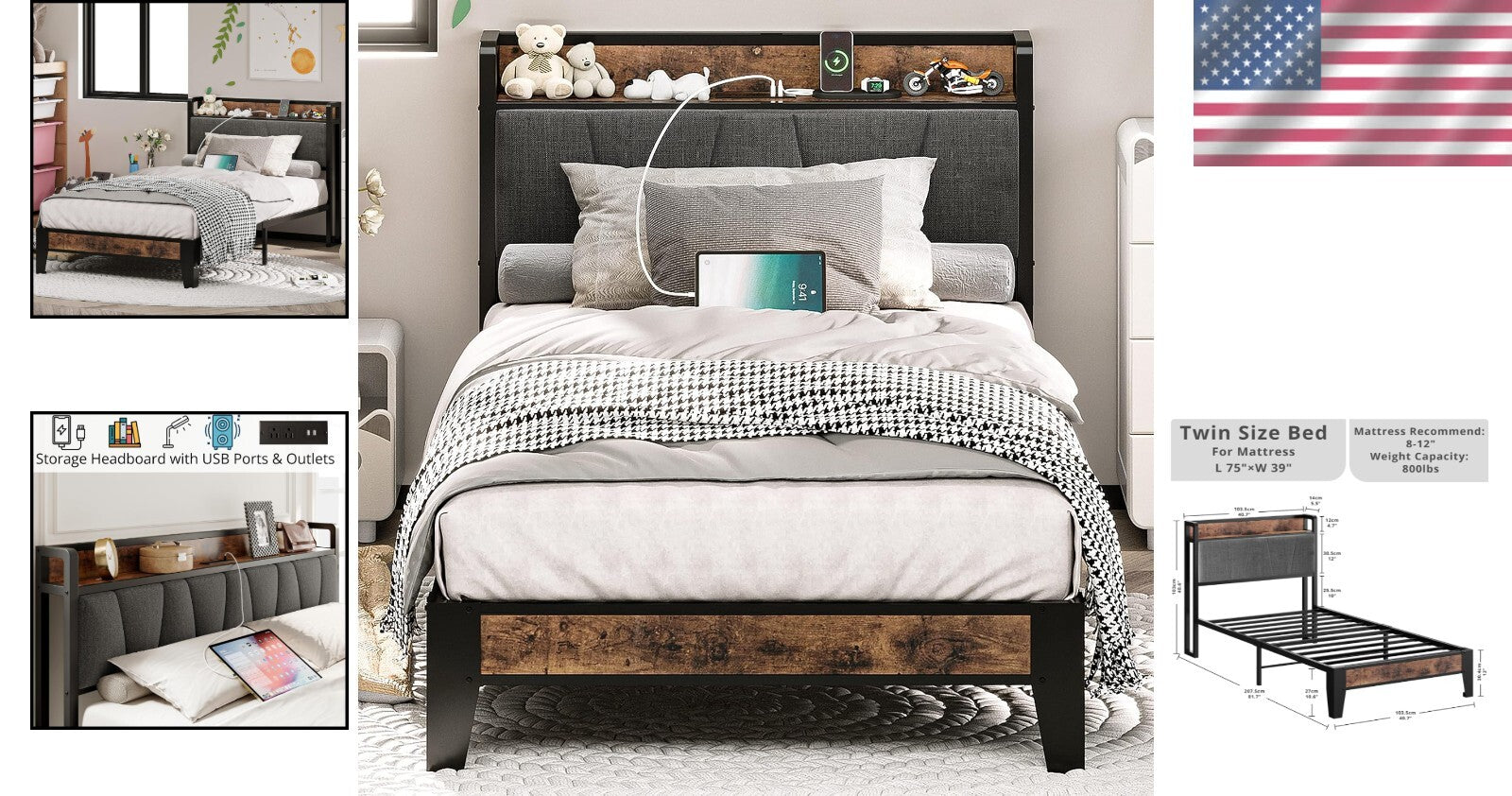 Noise-Free Twin Bed Frame with USB Charging Headboard - Perfect for Small Spaces