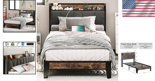 Noise-Free Twin Bed Frame with USB Charging Headboard - Perfect for Small Spaces