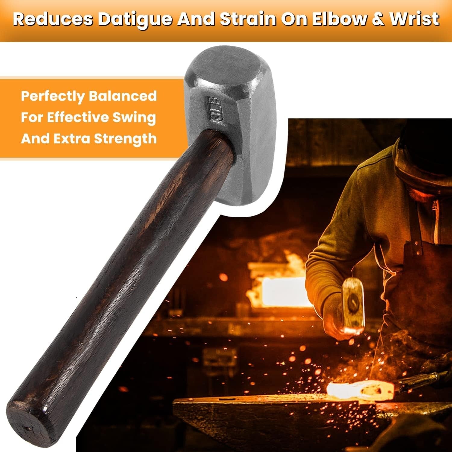 3lb Professional Blacksmith Hammer – Ergonomic Hickory Handle, Alloy Steel Head