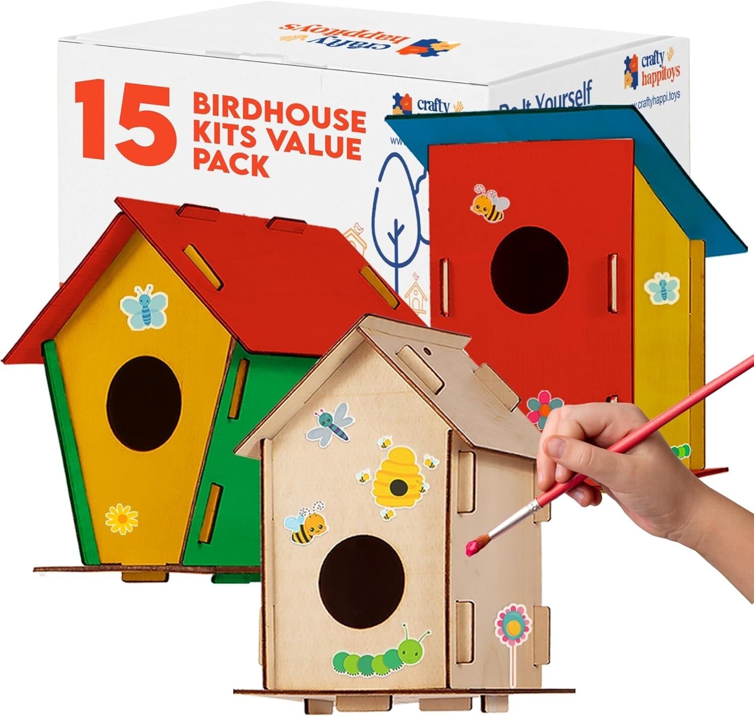 Kids Birdhouse Craft Kit - 15 Unfinished Wood Houses with Paint & Stickers